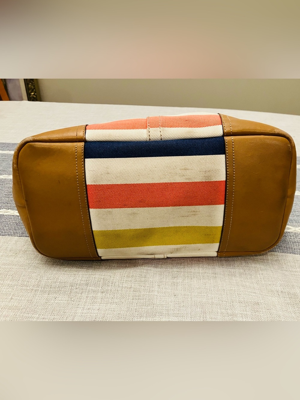 Coach Hadley Striped Canvas Tote with tan leather and signature hangtags - USED - Picture 4 of 14